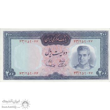 اسکناس 200 ریال (آموزگار - سمیعی) نوشته قرمز - تک - UNC63 - محمد رضا شاه