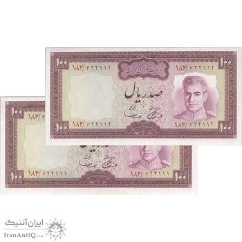 اسکناس 100 ریال (آموزگار - سمیعی) نوشته سیاه - جفت - AU58 - محمد رضا شاه