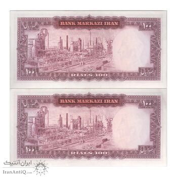اسکناس 100 ریال (آموزگار - سمیعی) نوشته سیاه - جفت - AU58 - محمد رضا شاه