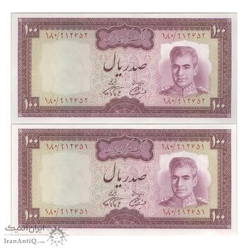 اسکناس 100 ریال (آموزگار - فرمان فرماییان) نوشته سیاه - جفت - UNC63 - محمد رضا شاه
