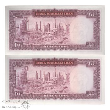اسکناس 100 ریال (آموزگار - فرمان فرماییان) نوشته سیاه - جفت - UNC63 - محمد رضا شاه