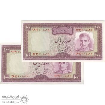 اسکناس 100 ریال (آموزگار - جهانشاهی) - جفت - AU58 - محمد رضا شاه