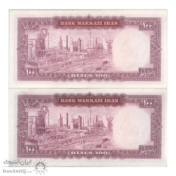 اسکناس 100 ریال (آموزگار - جهانشاهی) - جفت - AU58 - محمد رضا شاه