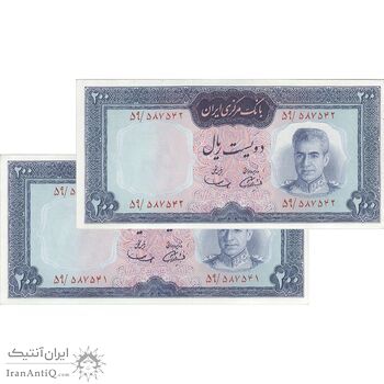 اسکناس 200 ریال (آموزگار - سمیعی) نوشته قرمز - جفت - UNC62 - محمد رضا شاه