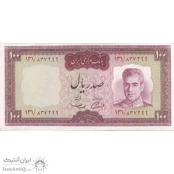 اسکناس 100 ریال (آموزگار - سمیعی) نوشته قرمز - تک - UNC62 - محمد رضا شاه