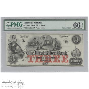 اسکناس 3 دلار 1860S (ساحل رودخانه غربی جامائیکا، ورمونت) - UNC66 - آمریکا اسکناس 3 دلار 1860S (ساحل رودخانه غربی جامائیکا، ورمونت) - UNC66 - آمریکا