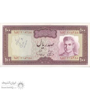 اسکناس 100 ریال (آموزگار - سمیعی) نوشته سیاه - تک - UNC63 - محمد رضا شاه