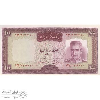 اسکناس 100 ریال (آموزگار - سمیعی) نوشته قرمز - تک - UNC63 - محمد رضا شاه