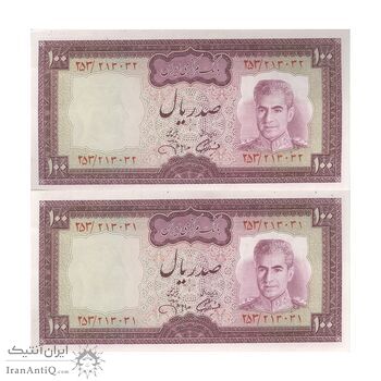 اسکناس 100 ریال (آموزگار - جهانشاهی) - جفت - UNC62 - محمد رضا شاه