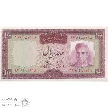 اسکناس 100 ریال (آموزگار - فرمان فرماییان) نوشته قرمز - تک - UNC63 - محمد رضا شاه