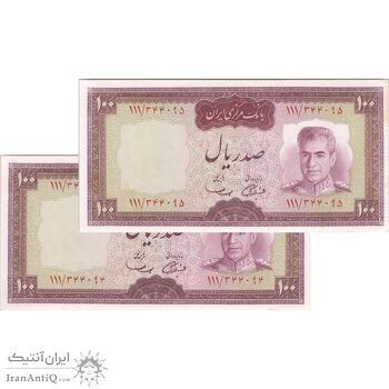اسکناس 100 ریال (آموزگار - سمیعی) نوشته قرمز - جفت - UNC62 - محمد رضا شاه