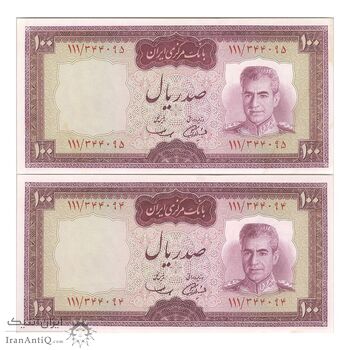 اسکناس 100 ریال (آموزگار - سمیعی) نوشته قرمز - جفت - UNC62 - محمد رضا شاه