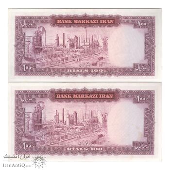 اسکناس 100 ریال (آموزگار - سمیعی) نوشته قرمز - جفت - UNC62 - محمد رضا شاه