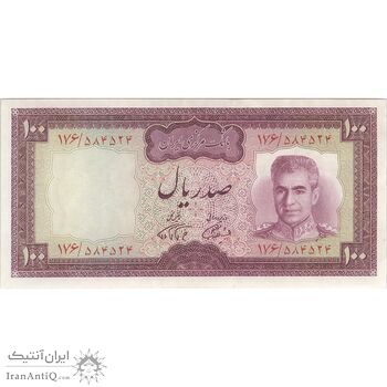 اسکناس 100 ریال (آموزگار - فرمان فرماییان) نوشته سیاه - تک - AU50 - محمد رضا شاه