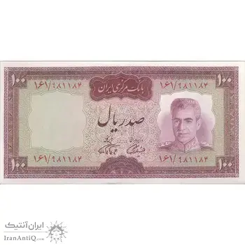 اسکناس 100 ریال (آموزگار - فرمان فرماییان) نوشته قرمز - تک - UNC62 - محمد رضا شاه