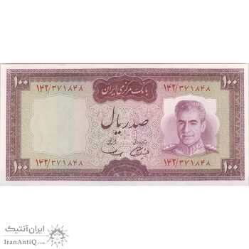 اسکناس 100 ریال (آموزگار - سمیعی) نوشته قرمز - تک - UNC63 - محمد رضا شاه