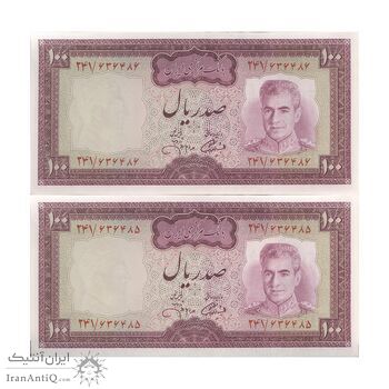 اسکناس 100 ریال (آموزگار - جهانشاهی) - جفت - UNC62 - محمد رضا شاه