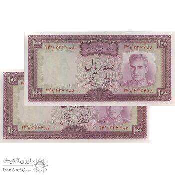 اسکناس 100 ریال (آموزگار - جهانشاهی) - جفت - UNC62 - محمد رضا شاه