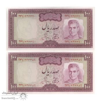 اسکناس 100 ریال (آموزگار - جهانشاهی) - جفت - UNC62 - محمد رضا شاه
