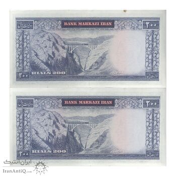 اسکناس 200 ریال (آموزگار - فرمان فرماییان) نوشته قرمز - جفت - AU55 - محمد رضا شاه
