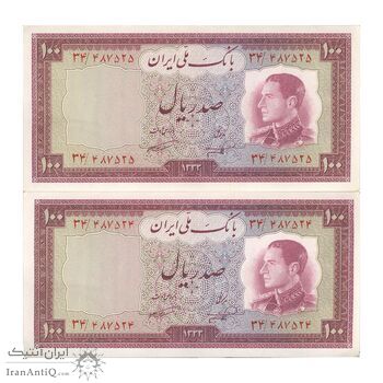اسکناس 100 ریال 1333 - جفت - AU58 - محمد رضا شاه