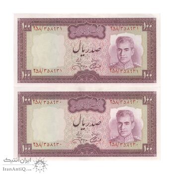 اسکناس 100 ریال (آموزگار - جهانشاهی) - جفت - AU58 - محمد رضا شاه