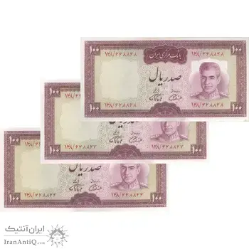 اسکناس 100 ریال (آموزگار - فرمان فرماییان) نوشته قرمز (شماره قرینه) - تریپل - UNC62 - محمد رضا شاه