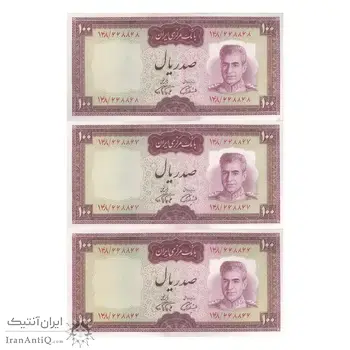 اسکناس 100 ریال (آموزگار - فرمان فرماییان) نوشته قرمز (شماره قرینه) - تریپل - UNC62 - محمد رضا شاه