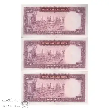 اسکناس 100 ریال (آموزگار - فرمان فرماییان) نوشته قرمز (شماره قرینه) - تریپل - UNC62 - محمد رضا شاه