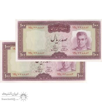 اسکناس 100 ریال (آموزگار - فرمان فرماییان) نوشته قرمز - جفت - UNC63 - محمد رضا شاه