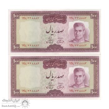اسکناس 100 ریال (آموزگار - فرمان فرماییان) نوشته قرمز - جفت - UNC63 - محمد رضا شاه
