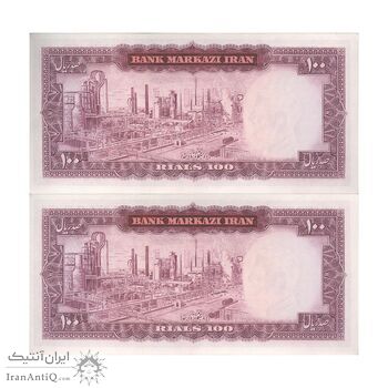 اسکناس 100 ریال (آموزگار - فرمان فرماییان) نوشته قرمز - جفت - UNC63 - محمد رضا شاه