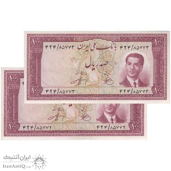 اسکناس 100 ریال کراواتی 1330 - جفت - AU55 - محمد رضا شاه