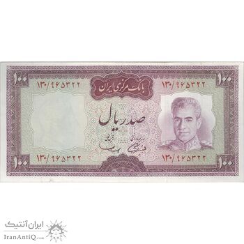 اسکناس 100 ریال (آموزگار - سمیعی) نوشته قرمز - تک - VF35 - محمد رضا شاه