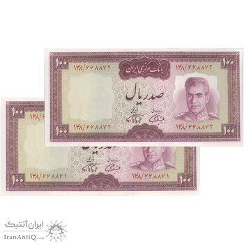 اسکناس 100 ریال (آموزگار - فرمان فرماییان) نوشته قرمز - جفت - UNC63 - محمد رضا شاه