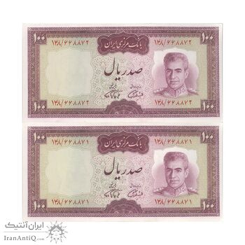 اسکناس 100 ریال (آموزگار - فرمان فرماییان) نوشته قرمز - جفت - UNC63 - محمد رضا شاه