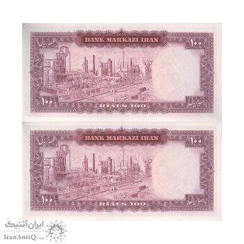 اسکناس 100 ریال (آموزگار - فرمان فرماییان) نوشته قرمز - جفت - UNC63 - محمد رضا شاه