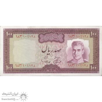 اسکناس 100 ریال (آموزگار - سمیعی) نوشته سیاه - تک - AU58 - محمد رضا شاه