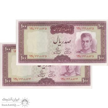 اسکناس 100 ریال (آموزگار - فرمان فرماییان) نوشته قرمز - جفت - UNC62 - محمد رضا شاه