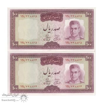 اسکناس 100 ریال (آموزگار - فرمان فرماییان) نوشته قرمز - جفت - UNC62 - محمد رضا شاه