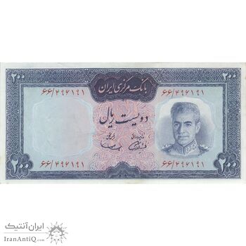 اسکناس 200 ریال (آموزگار - سمیعی) نوشته قرمز - تک - AU58 - محمد رضا شاه