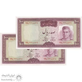 اسکناس 100 ریال (آموزگار - فرمان فرماییان) نوشته قرمز - جفت - UNC63 - محمد رضا شاه