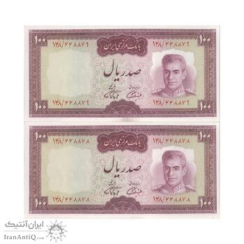 اسکناس 100 ریال (آموزگار - فرمان فرماییان) نوشته قرمز - جفت - UNC63 - محمد رضا شاه