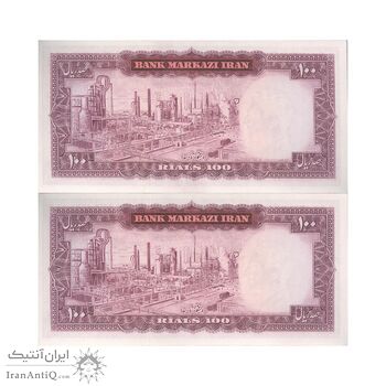اسکناس 100 ریال (آموزگار - فرمان فرماییان) نوشته قرمز - جفت - UNC63 - محمد رضا شاه