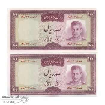 اسکناس 100 ریال (آموزگار - فرمان فرماییان) نوشته قرمز - جفت - UNC62 - محمد رضا شاه