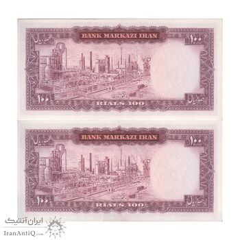 اسکناس 100 ریال (آموزگار - فرمان فرماییان) نوشته قرمز - جفت - UNC62 - محمد رضا شاه