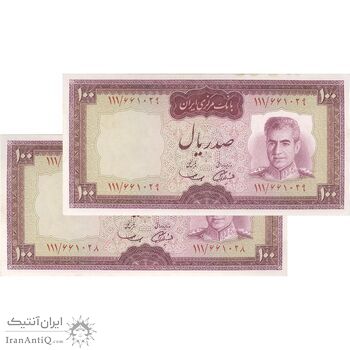 اسکناس 100 ریال (آموزگار - سمیعی) نوشته قرمز - جفت - AU58 - محمد رضا شاه