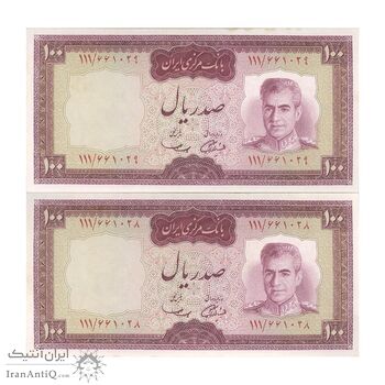 اسکناس 100 ریال (آموزگار - سمیعی) نوشته قرمز - جفت - AU58 - محمد رضا شاه