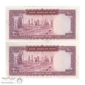 اسکناس 100 ریال (آموزگار - سمیعی) نوشته قرمز - جفت - AU58 - محمد رضا شاه