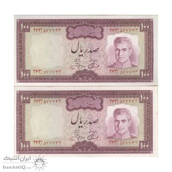 اسکناس 100 ریال (آموزگار - جهانشاهی) - جفت - AU58 - محمد رضا شاه